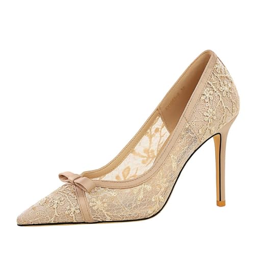 YGJKLIS Frauen 9.5CM Spitze High Heel Glitter funkelnde Spitze Hohlbogen Dekoration Braut Party Stiletto Sandalen (Champagnerfarbe,35) von YGJKLIS