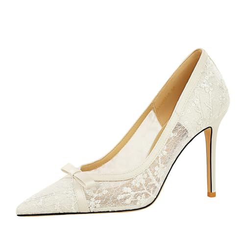 YGJKLIS Frauen 9.5CM Spitze High Heel Glitter funkelnde Spitze Hohlbogen Dekoration Braut Party Stiletto Sandalen (Weiß,36) von YGJKLIS