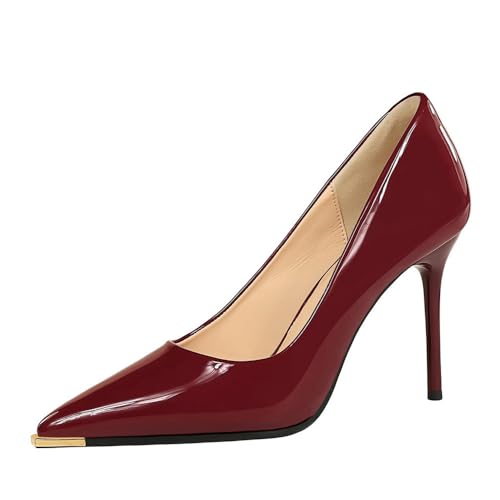 YGJKLIS Frauen 9.5CM geschlossenen Metall Spitze Zehe hohe Absätze Solid Patentleder Stiletto Pumps Sandalen für Prom Dressing Party (rot,34) von YGJKLIS