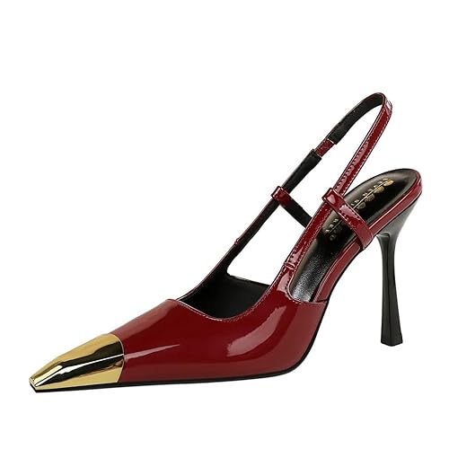 YGJKLIS Frauen 9.5CM zurück Knöchelgurt High Heel Sandalen Spitze Zehe ausgestellt hintere Zehe Abend Party Stiletto Pumps Schuhe (rot,38) von YGJKLIS
