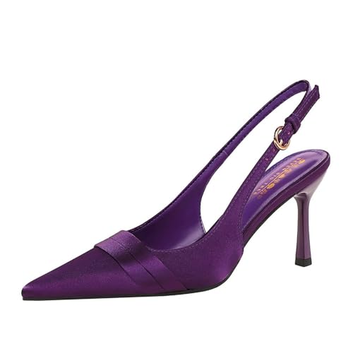YGJKLIS Frauen 9CM Hohlraus zurück Knöchelgurt High Heel Sandalen Solid Satin Slip-On Stiletto Pumps Abend Party Prom Schuhe (Violett,38) von YGJKLIS