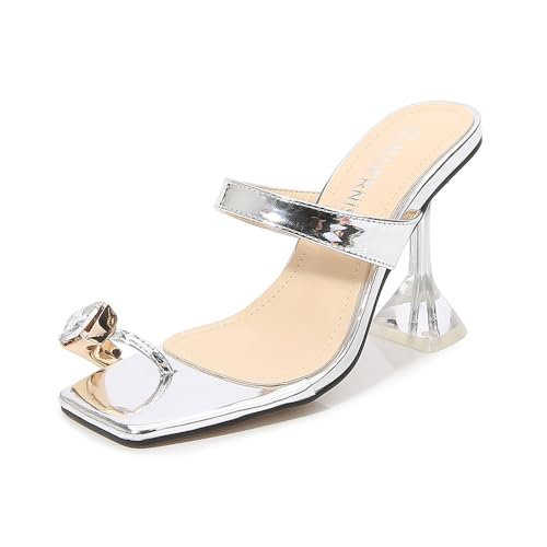 YGJKLIS Frauen 9cm Quadrat offene Zehe High Heel Pinch Zehe Pantoffel Sandalen Rutschfeste Strandparty Hochzeit Mode Schuhe (35,Silber) von YGJKLIS