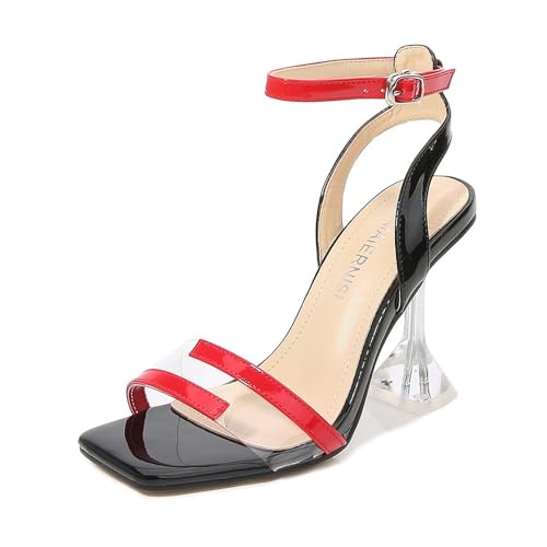 YGJKLIS Frauen 9cm Quadrat offene Zehe High Heel Pinch Zehe Pantoffel Sandalen Rutschfeste Strandparty Hochzeit Mode Schuhe (Rot,36) von YGJKLIS