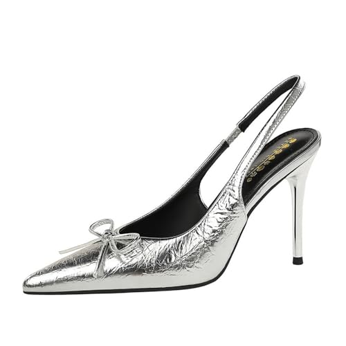YGJKLIS Frauen Bogen 9.5CM Mode zurück Knöchelgurt High Heel Sandale Schuhe Einfarbe Spitze Party Hochzeit Stiletto Pumpen (Silber,36) von YGJKLIS