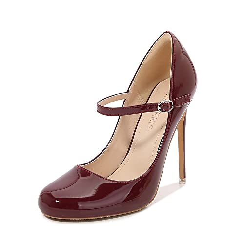 YGJKLIS Frauen Knöchelriemen High Heels Runder Kopf 12cm Stiletto Heels Leder Slip On Kleid Abend Party Pump Schuhe (Claret,36EU) von YGJKLIS