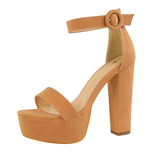 YGJKLIS Frauen Runde Zehe 13.5CM offene Zehe Knöchelgurt Plattform High Heel Sandalen Quadrat Chunky Block Party Hochzeitsschuhe (Braun,41) von YGJKLIS