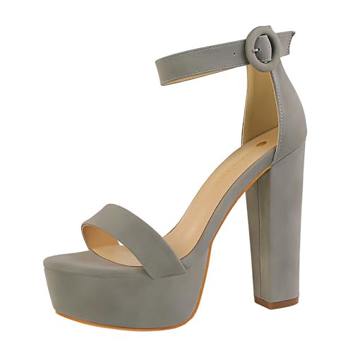 YGJKLIS Frauen Runde Zehe 13.5CM offene Zehe Knöchelgurt Plattform High Heel Sandalen Quadrat Chunky Block Party Hochzeitsschuhe (Grau,38) von YGJKLIS