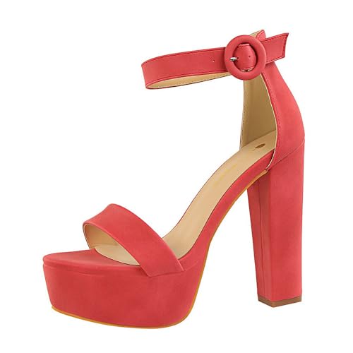 YGJKLIS Frauen Runde Zehe 13.5CM offene Zehe Knöchelgurt Plattform High Heel Sandalen Quadrat Chunky Block Party Hochzeitsschuhe (Rot,42) von YGJKLIS