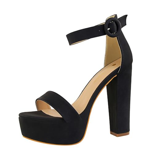 YGJKLIS Frauen Runde Zehe 13.5CM offene Zehe Knöchelgurt Plattform High Heel Sandalen Quadrat Chunky Block Party Hochzeitsschuhe (schwarz,40) von YGJKLIS