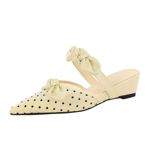 YGJKLIS Frauen Slipper Keil Absatz Sandalen Zwei Bogen Mesh Welle Punkt Spitze Zehe High Heel Klassische Büro Hochzeitsschuhe (Apriksfarbe,39) von YGJKLIS