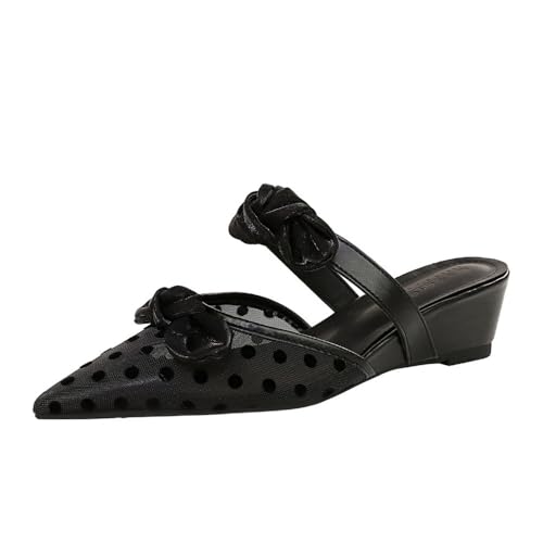YGJKLIS Frauen Slipper Keil Absatz Sandalen Zwei Bogen Mesh Welle Punkt Spitze Zehe High Heel Klassische Büro Hochzeitsschuhe (schwarz,37) von YGJKLIS