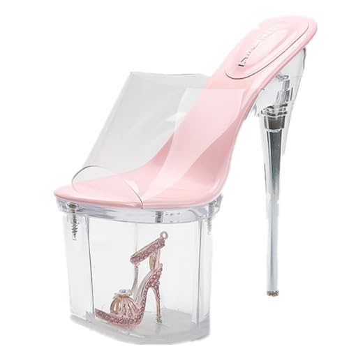 Frauen Transparent 9cm Plattform Absatz Sandalen Pantoffeln Sommer Strand Boho 19cm offene runde Zehe Stiletto High Heel (Rosa,39) von YGJKLIS