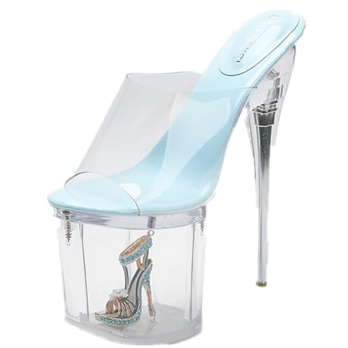 Frauen Transparent 9cm Plattform Absatz Sandalen Pantoffeln Sommer Strand Boho 19cm offene runde Zehe Stiletto High Heel (blau,34) von YGJKLIS
