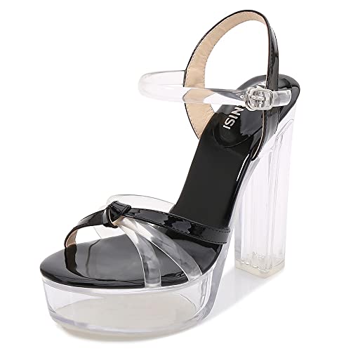 YGJKLIS Frauen Transparent Strap High Heels 13cm Chunky Heel Open Toe Plattform Sandalen Abend Party Schuhe Pumps (Schwarz,42EU) von YGJKLIS