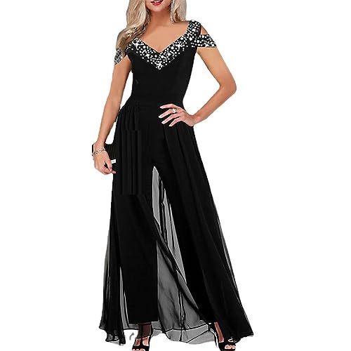 YGJKLIS Frauen V-Ausschnitt Off Schulter Overall Strampler schwarz Strand Lange breite Beine Strampler Elegantes Abendkleid (Schwarz,XXXL) von YGJKLIS