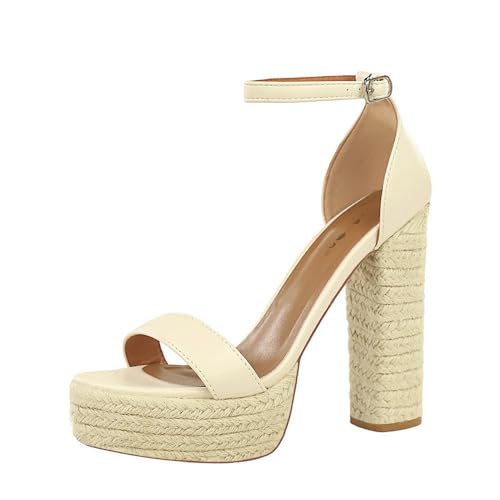 YGJKLIS Frauen Vintage Gras Weben Chunky Block Absatz Knöchel Schnalle Pumpe Sandalen 13CM Open Toe Plattform Party High Heel (Weiß,35) von YGJKLIS