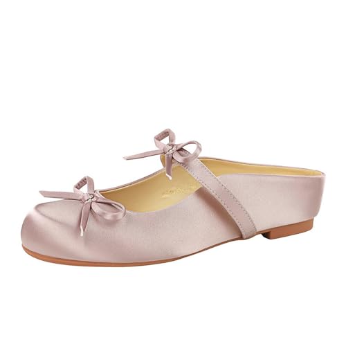 Frauen Zwei Bogen Slipper Komfort Runde Zehe Low Heel Flaches Satin Knöchelgurt High Heel Sandale Schuhe (Violett,40) von YGJKLIS