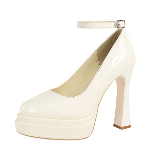 YGJKLIS Frauen geschlossene runde Zehe Plateform hohe Absätze 11.5CM Solid glänzendes Patentleder Chunky Absatz Knöchelgurt Pumpensandalen (Weiß,39) von YGJKLIS