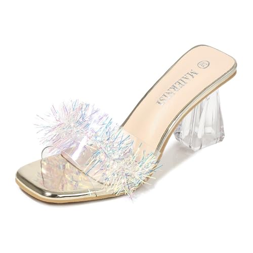 Frauen offene quadratische Zehe Chunky High Heel Sandalen Glitternde fluffige Feder Dekoration 8cm klare Fersen Pantoffeln (Goldene,46) von YGJKLIS