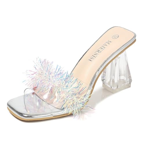 Frauen offene quadratische Zehe Chunky High Heel Sandalen Glitternde fluffige Feder Dekoration 8cm klare Fersen Pantoffeln (Silber,44) von YGJKLIS