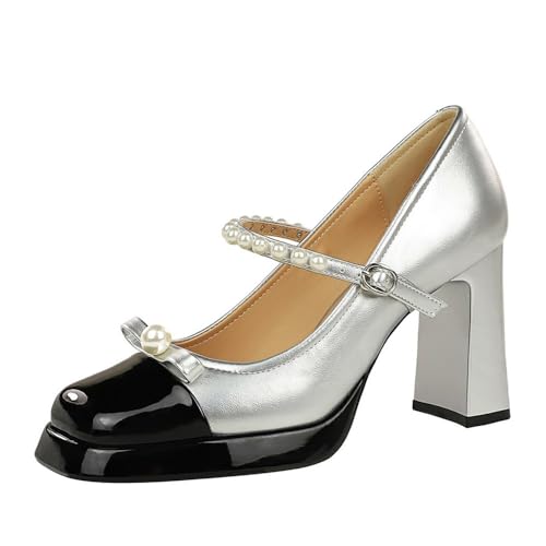Frauen schließen Quadrat Zehe 9.5CM Chunky Block Plattform High Heel Bogen Knöchelgurt Patentleder Sandale Schuhe (Silber,38) von YGJKLIS