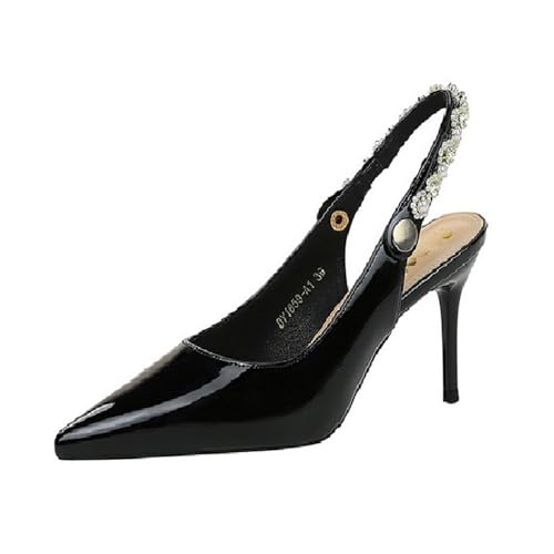 YGJKLIS Frauen schwarz 7CM geschlossen Spitze Zehe Party Club Hochzeit hohe Absätze zurück Hohlgang Knöchelgurt Stiletto Pumps Sandalen (schwarz,35) von YGJKLIS