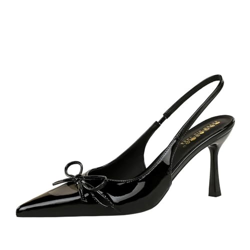 YGJKLIS Frauen schwarz 8CM Spitze geschlossene Zehe Knöchelgurt High Heel Sandalen Rücken hohle lackiertes Leder Stiletto Pumps (schwarz,37) von YGJKLIS