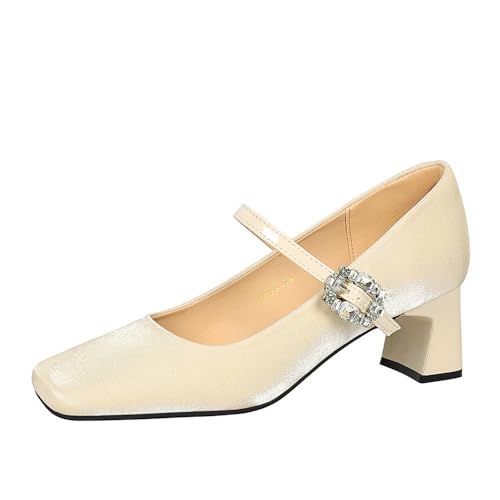 YGJKLIS Womens Square Toe Chunky Block Knöchelgurt High Absatz 5CM Satin Sandalen Brautabend Prom Party Kleid Schuh (Champagner,40) von YGJKLIS