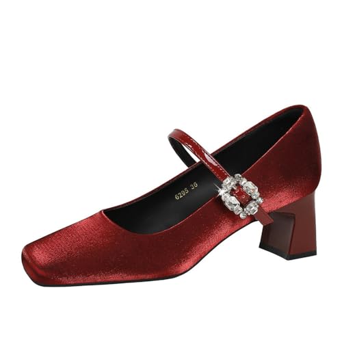 YGJKLIS Womens Square Toe Chunky Block Knöchelgurt High Absatz 5CM Satin Sandalen Brautabend Prom Party Kleid Schuh (rot,37) von YGJKLIS