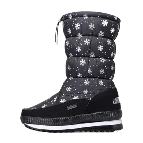 YGLEEULI Damenstiefel Winterschuhe Warm Plüsch Mittelhohe Stiefel Wasserdicht Gummi Rutschfeste Plateau Schneestiefel Damen Übergröße für Damen(Black snow,36) von YGLEEULI