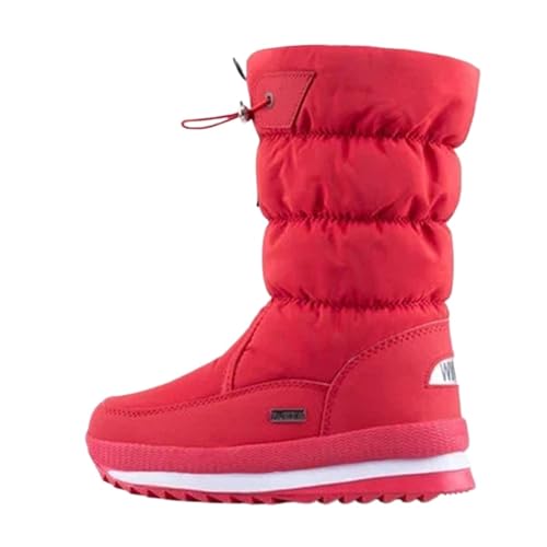 YGLEEULI Damenstiefel Winterschuhe Warm Plüsch Mittelhohe Stiefel Wasserdicht Gummi Rutschfeste Plateau Schneestiefel Damen Übergröße für Damen(Red,42) von YGLEEULI