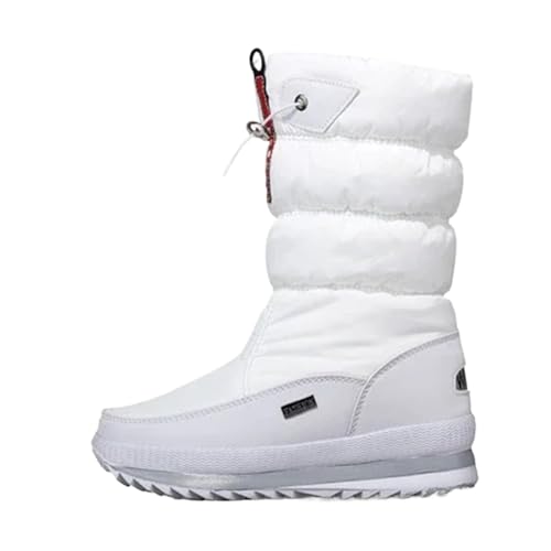 YGLEEULI Damenstiefel Winterschuhe Warm Plüsch Mittelhohe Stiefel Wasserdicht Gummi Rutschfeste Plateau Schneestiefel Damen Übergröße für Damen(White,38) von YGLEEULI