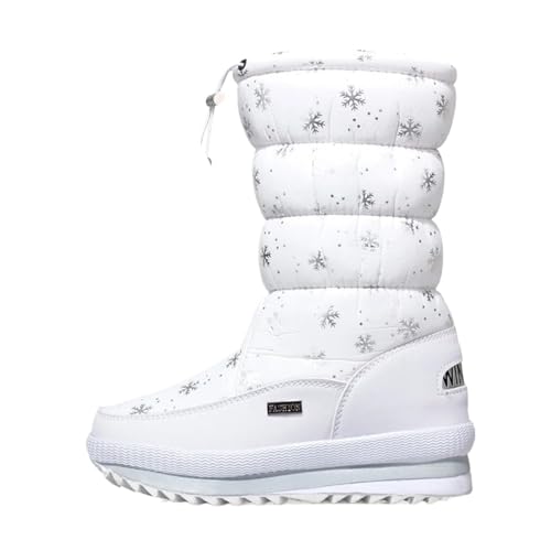 YGLEEULI Damenstiefel Winterschuhe Warm Plüsch Mittelhohe Stiefel Wasserdicht Gummi Rutschfeste Plateau Schneestiefel Damen Übergröße für Damen(White snow,42) von YGLEEULI