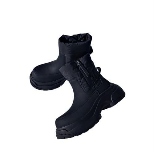 YGLEEULI Echtes Leder Runde Zehen dicke Sohle klobigen Absätzen Frauen Schnee Stiefel Volltonfarbe Reißverschluss wasserdichte Winter weibliche Schuhe für Damen(Black,38) von YGLEEULI