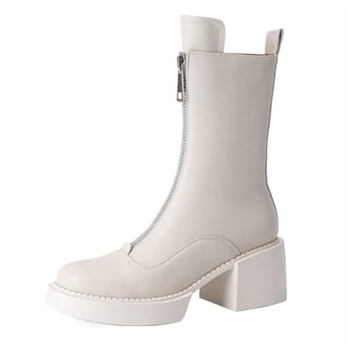 YGLEEULI Leder Prägnante Winterstiefel Frau Wolle Schneestiefel Reißverschluss Damen Plateau Stiefeletten für Damen(Beige,8) von YGLEEULI