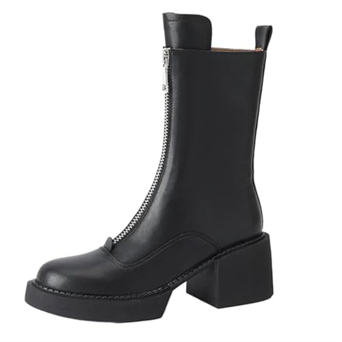 YGLEEULI Leder Prägnante Winterstiefel Frau Wolle Schneestiefel Reißverschluss Damen Plateau Stiefeletten für Damen(Black,6) von YGLEEULI