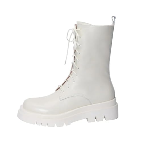 YGLEEULI Leder-Schneestiefel, Winterstiefeletten, Schnürstiefel aus Naturwolle, warm halten, Damenstiefel für Damen(Beige,10) von YGLEEULI