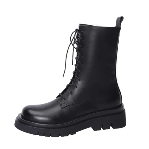 YGLEEULI Leder-Schneestiefel, Winterstiefeletten, Schnürstiefel aus Naturwolle, warm halten, Damenstiefel für Damen(Black,4) von YGLEEULI