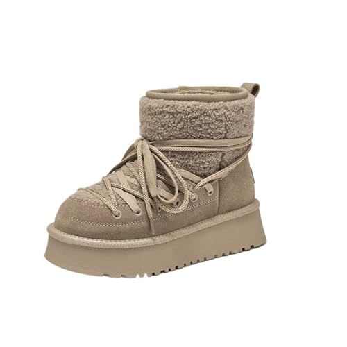 YGLEEULI Schneestiefel Damen Leder Einfarbig Runde Zehenpartie Dicke Sohle Slip-On Winter Warm Halten Laides Pelzige Schuhe für Damen(Apricot,6.5) von YGLEEULI