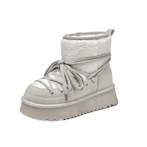 YGLEEULI Schneestiefel Damen Leder Einfarbig Runde Zehenpartie Dicke Sohle Slip-On Winter Warm Halten Laides Pelzige Schuhe für Damen(Beige Gray,7) von YGLEEULI