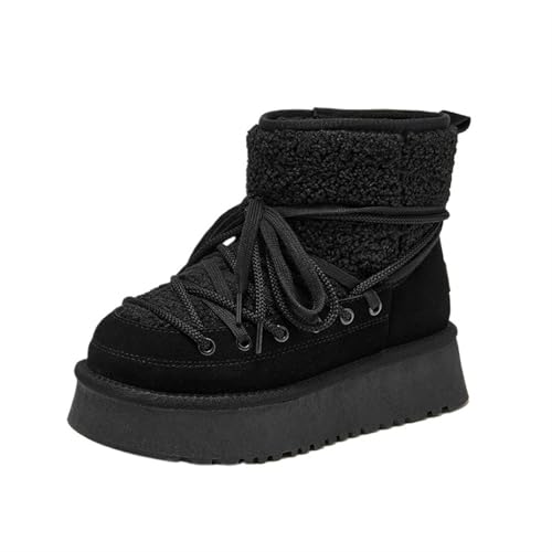 YGLEEULI Schneestiefel Damen Leder Einfarbig Runde Zehenpartie Dicke Sohle Slip-On Winter Warm Halten Laides Pelzige Schuhe für Damen(Black,6.5) von YGLEEULI