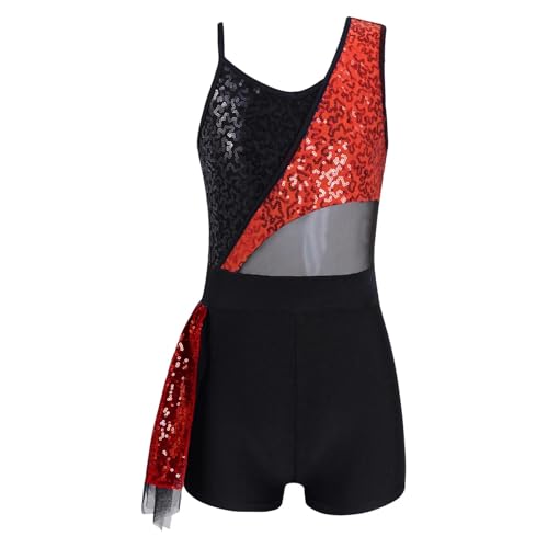 YGLEEULI Turnanzug Mädchen Mädchen Glänzende Pailletten Shorty Unitard Ärmelloses Ballett Tanz Trikot Modern Jazz Latin Bühnen Performance Tanz Kostüm(Red,10Y) von YGLEEULI