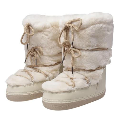 YGLEEULI Winterstiefel Schneestiefel Damen Skistiefel Flauschige, haarige Schnürstiefel mit Plateausohle und weißer Baumwolle für Damen(Beige long B3,39-40(24.5-25cm)) von YGLEEULI