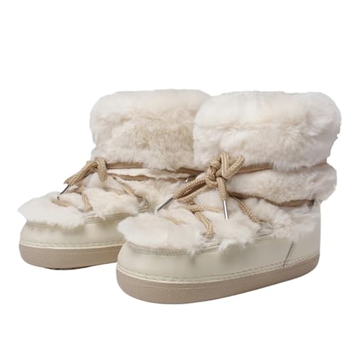YGLEEULI Winterstiefel Schneestiefel Damen Skistiefel Flauschige, haarige Schnürstiefel mit Plateausohle und weißer Baumwolle für Damen(Beige short C3,39-40(24.5-25cm)) von YGLEEULI