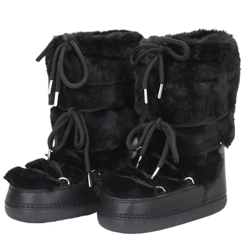 YGLEEULI Winterstiefel Schneestiefel Damen Skistiefel Flauschige, haarige Schnürstiefel mit Plateausohle und weißer Baumwolle für Damen(Black long B1,39-40(24.5-25cm)) von YGLEEULI