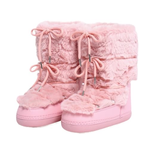 YGLEEULI Winterstiefel Schneestiefel Damen Skistiefel Flauschige, haarige Schnürstiefel mit Plateausohle und weißer Baumwolle für Damen(Pink long B4,35-36(22.5-23cm)) von YGLEEULI