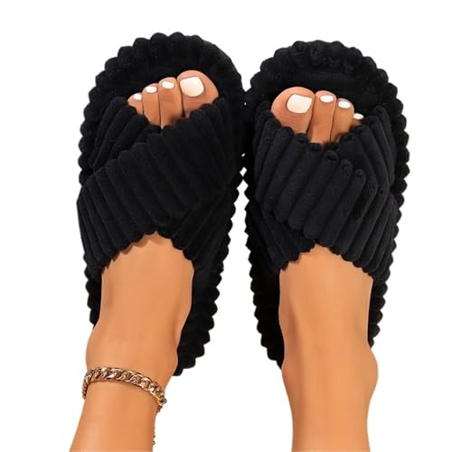 YGMNQAL Frauen Hausschuhe Offene Zehen Damen-Hausschuhe aus Baumwolle for den Innenbereich, mit gekreuzten Riemen, offene Zehenpartie, leicht, bequem(Black,40-41) von YGMNQAL