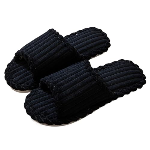 YGMNQAL Frauen Hausschuhe Offene Zehen Damen-Hausschuhe for drinnen und zu Hause mit gestreiften Baumwoll-Hausschuhen mit offener Spitze(Black,38-39) von YGMNQAL