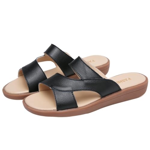 YGMNQAL Frauen Hausschuhe Offene Zehen Damen Sandalen Sommerschuhe Strandschuhe Leder Slipper(Black,40) von YGMNQAL