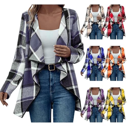 YGNAOTAN Damen Karierte Cardigan Hemdbluse Langarm Vorne Offen Jacket Casual Unregelmäßiger Saum Leichte Hemdjacket Warm Outwear Sweatjacke Übergangsjacke Coat (Grey, L) von YGNAOTAN